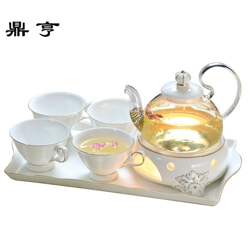 鼎亨玻璃陶瓷花茶具带托盘 英式下午茶壶红茶加热煮水果花