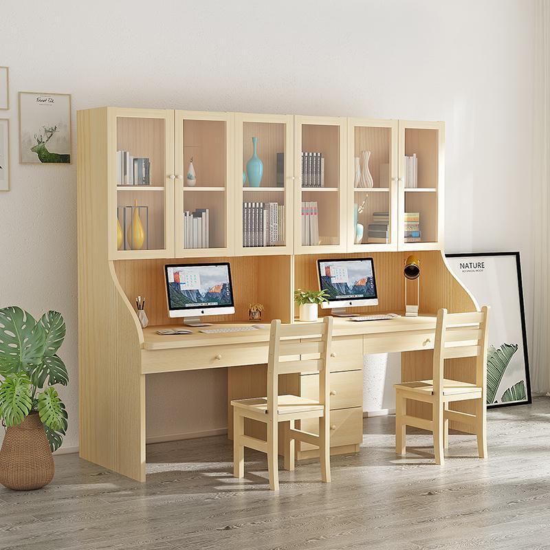 实木双人组合电脑桌台式家用儿童双人学习桌双人书桌书架书柜组合定制