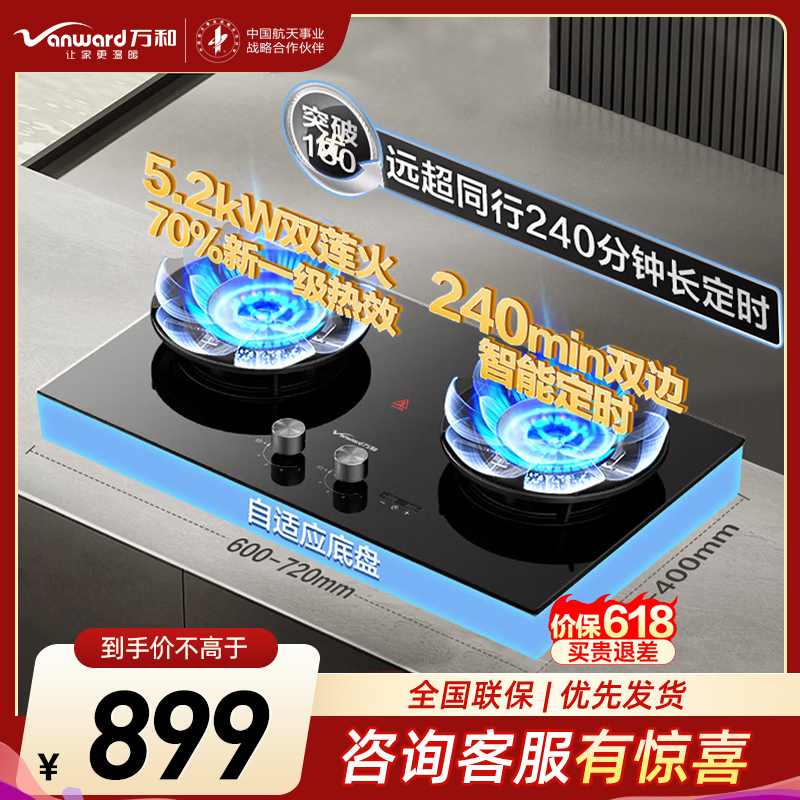 万和【蓝莲花B9DS】5.2kW天然气猛火70%热效率双边定时嵌入式家用煤气双炉具双灶台灶具燃气灶全新一代猛火灶天然气
