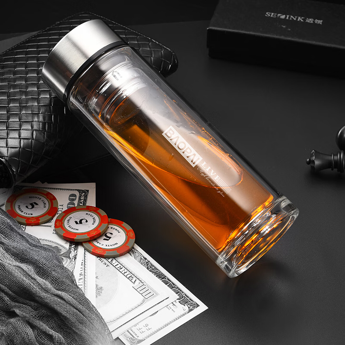 豹牌高硼硅玻璃杯咖啡杯茶水分离杯加厚耐磨隔热送爸妈老婆男女朋友 格兰办公玻璃杯套装380+420ml高清大图
