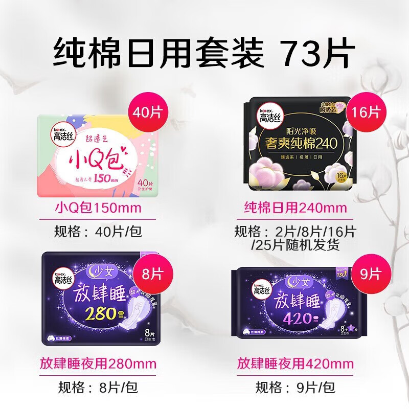 高洁丝(Kotex)日夜用卫生巾奢爽240*16夜用280*8片夜用420*9小Q包150*40随机