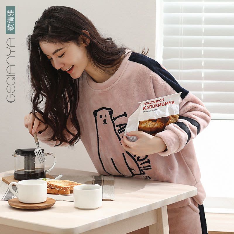 睡衣女士秋冬珊瑚绒加厚保暖韩版冬天法兰绒家居服套装冬季图片