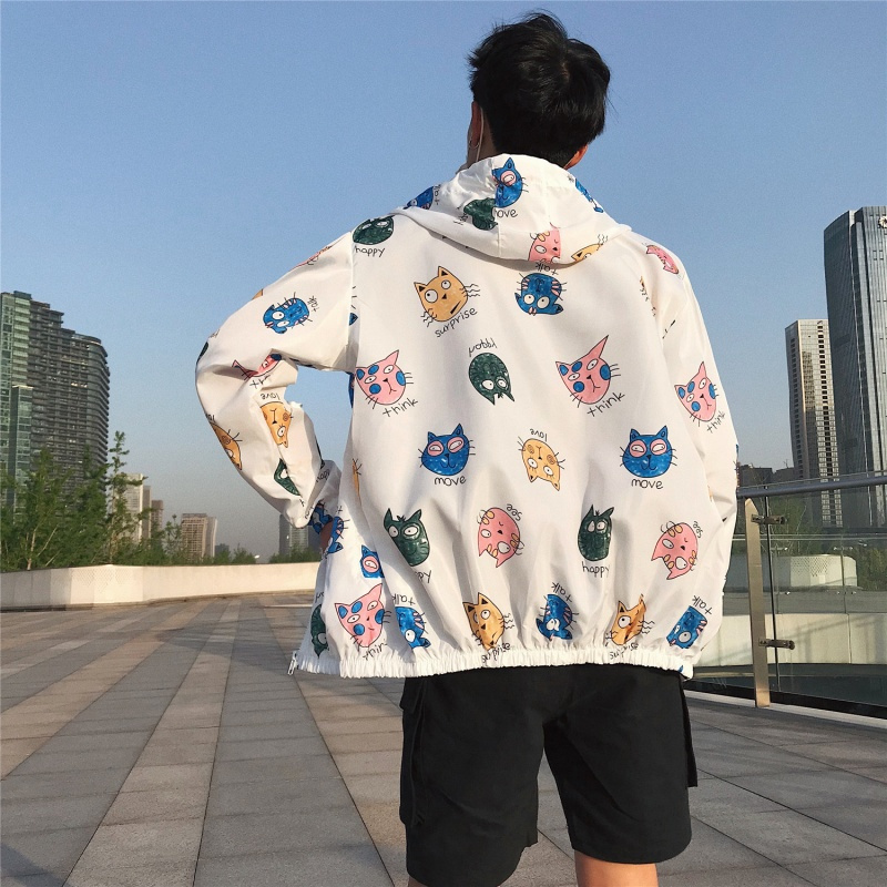 2018新款夏款防晒衣韩版bf情侣防晒服时尚印花连帽男士夹克潮外套