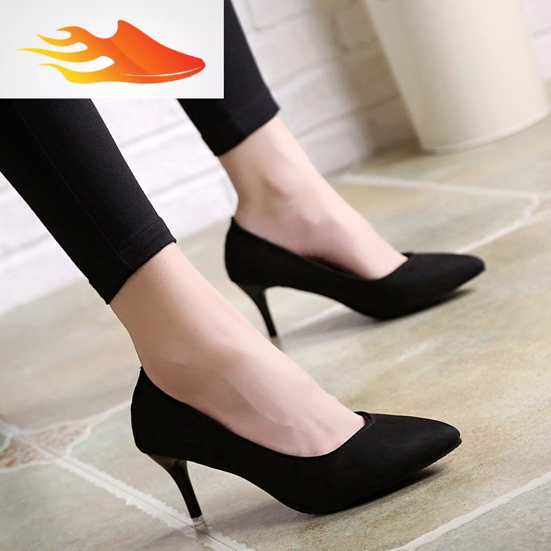 fishbasket韩版秋尖头高跟鞋女细跟中低跟百搭单鞋性感黑色女鞋春季