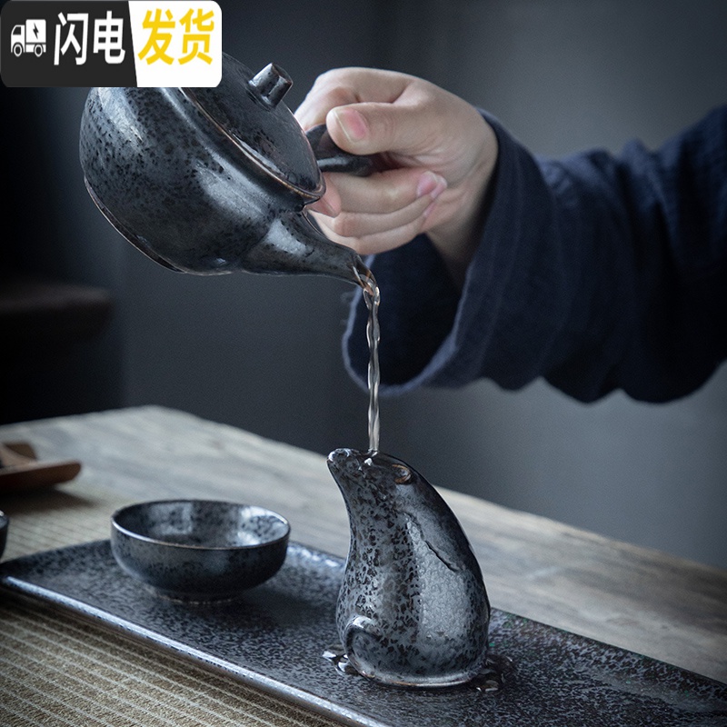 三维工匠建盏功夫茶具套装家用陶瓷办公会客泡茶器简约德化茶壶盖碗喝茶杯 送花瓶-铁锈釉-《盖碗+侧把壶+茶宠》12件套高清大图