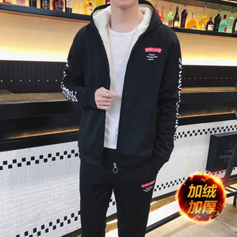男士卫衣套装冬季加厚加绒青少年学生潮流韩版休闲一套冬天衣服