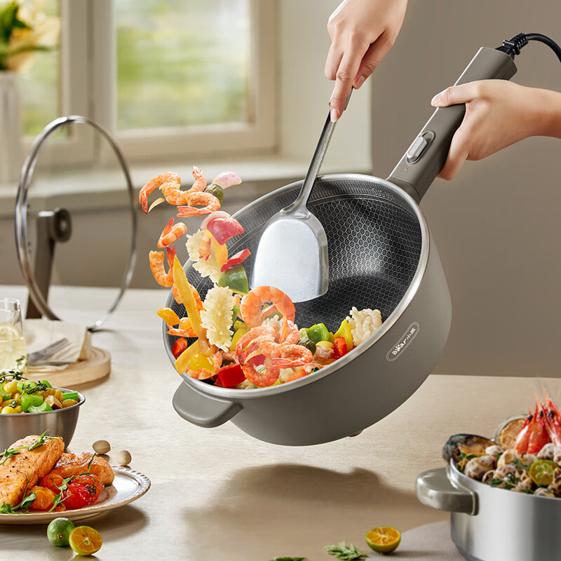 小熊(bear)电炒锅 家用多功能蒸煮煎炒一体304防刮蜂窝纹5L电炒锅 配蒸笼 DCG-R29Q7 棕色/台