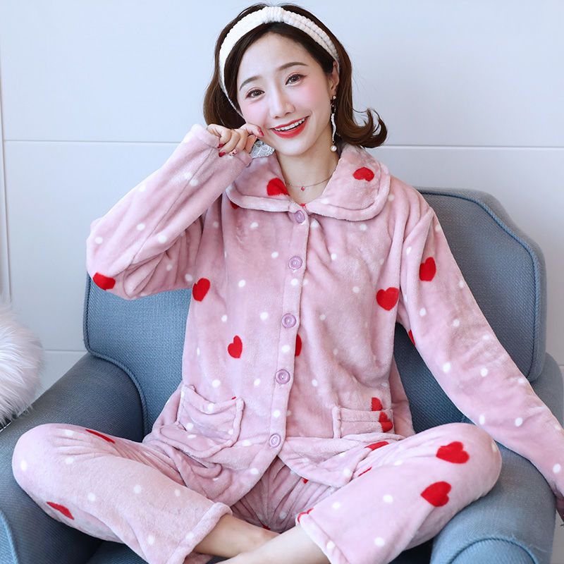 秋冬季加厚珊瑚绒睡衣女士韩版套装长袖法兰绒家居服加大码妈妈装