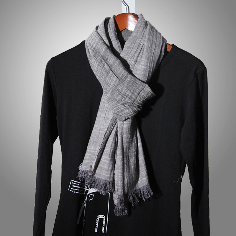 迪鲁奥diluao新款围巾春秋亚麻围巾男长款褶皱拼色棉麻围巾男冬季韩版