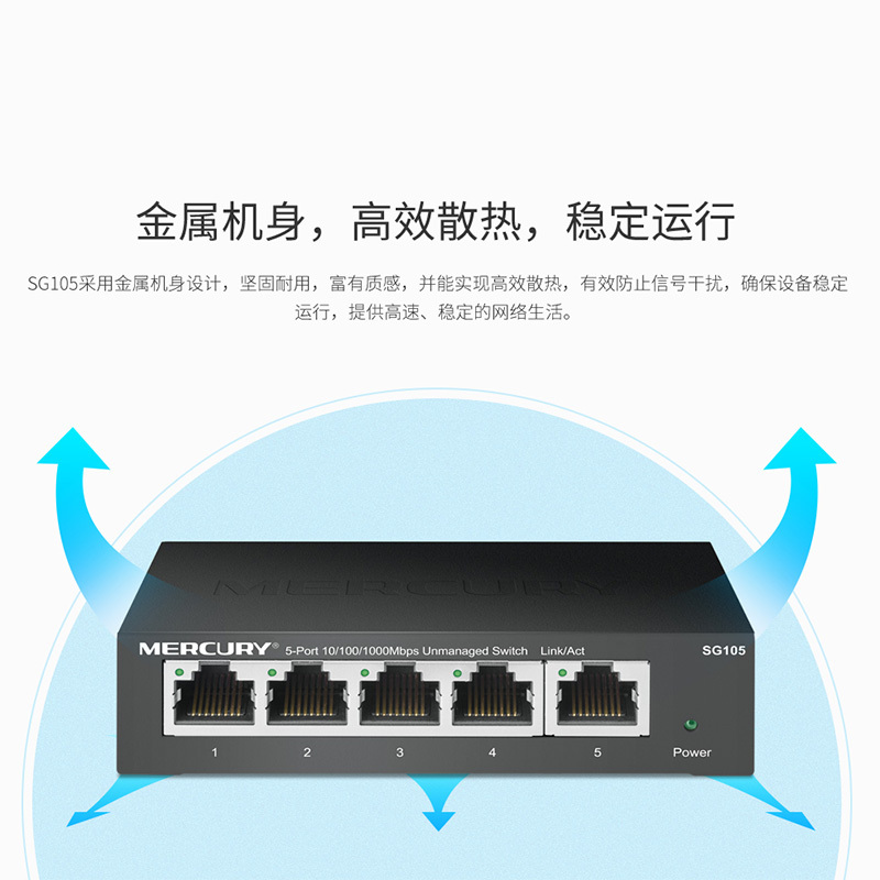 水星(MERCURY)SG105千兆钢壳交换机 5口网线网络分线器 家用宿舍监控工程分流器