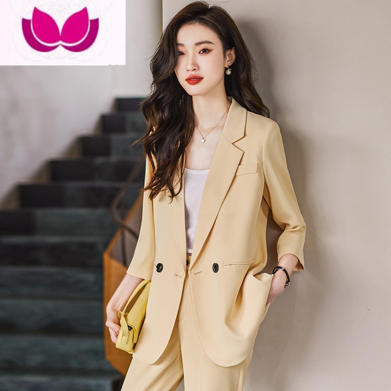 七斓休闲西装外套女大码夏季薄款韩版高级感职业装白色小西服套装高清大图