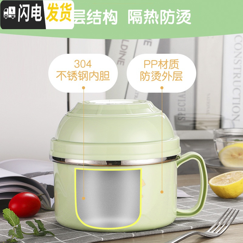 三维工匠不锈钢饭碗学生防烫饭盒带盖宿舍饭缸快餐分隔食堂打饭餐具 粉色送餐具(900)