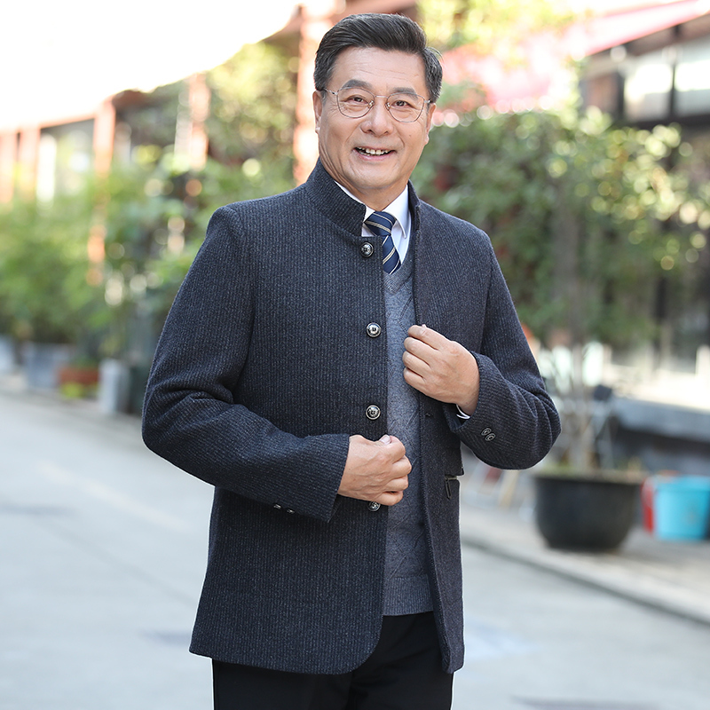 lake中老年毛呢夹克男加棉加厚秋冬季长款爸爸装立领外套冬装爷爷衣服