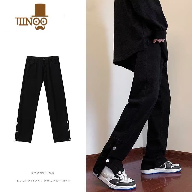 YANXU黑色排扣牛仔裤男美式vibe街头直筒休闲裤高街ins潮牌开叉长裤子图片