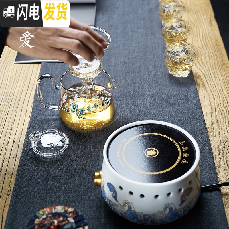 三维工匠景泰蓝工艺办公泡茶壶彩把烧水壶电陶炉煮茶壶玻璃家用养生壶 一品兰梅.透明把煮茶器+鱼跃龙门电陶炉茶具高清大图