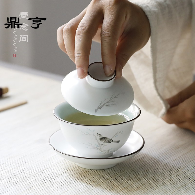 鼎亨定窑脂白墨彩盖碗茶杯陶瓷三才碗景德镇功夫茶具茶杯泡茶器手