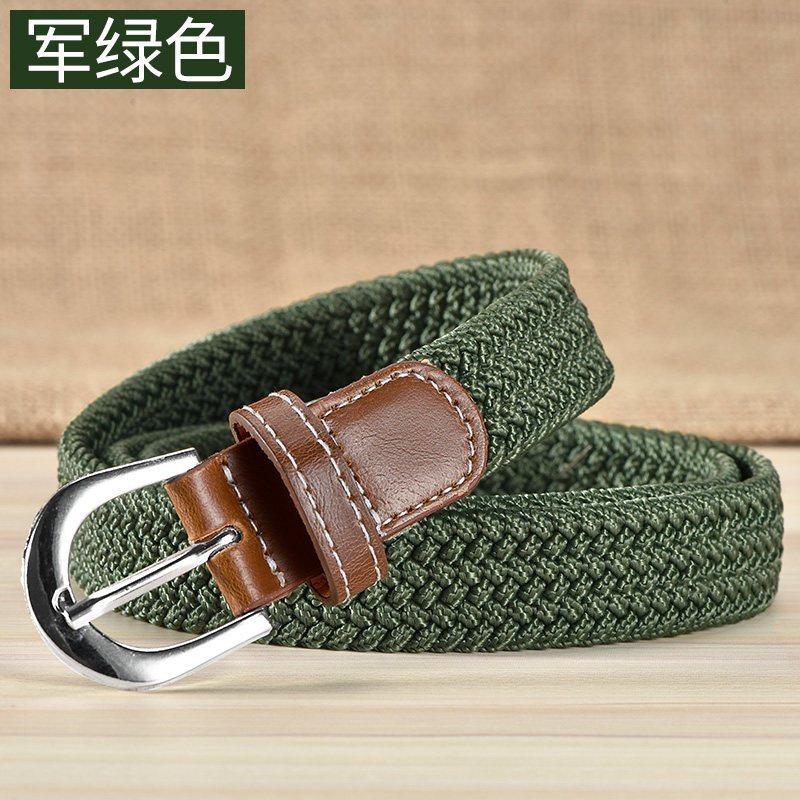 家柏饰(CORATED)帆布腰带女士无孔编织弹力皮带韩版装饰男女细皮带学生休闲布带 军绿色(弹力腰带)100cm