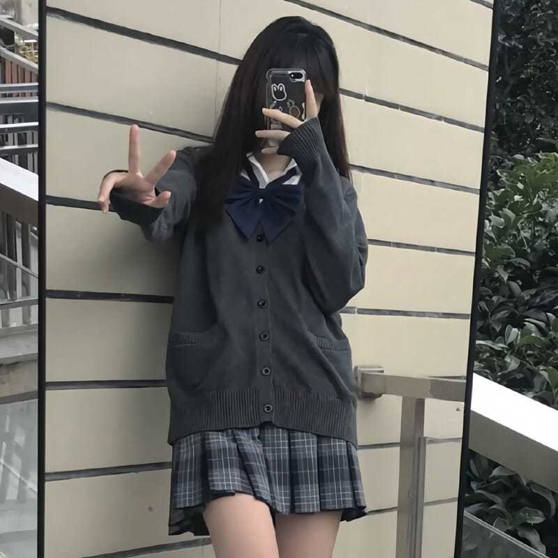 日系jk制服学院风针织衫基础款秋冬v领开衫毛衣外套学生校服班服