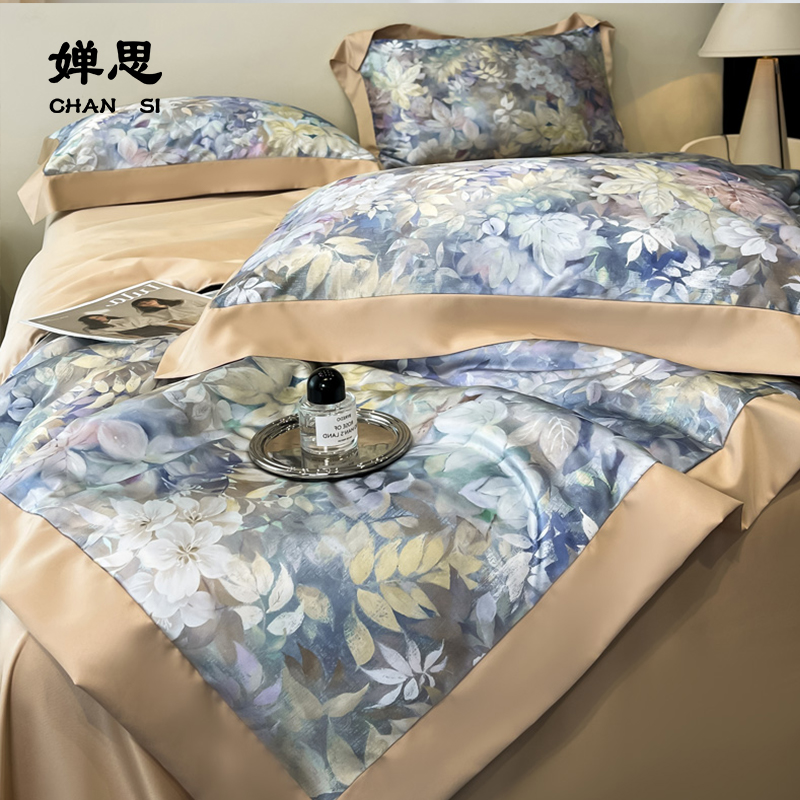 婵思 水洗冰丝数码印花夏被 满庭芳+奶茶高清大图