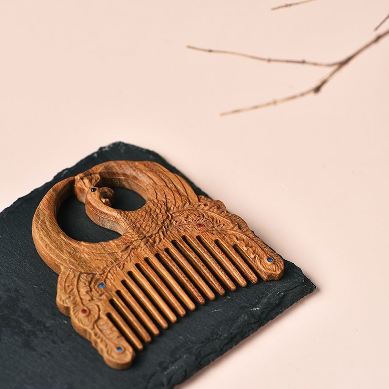 天然绿檀檀香木梳子养生防静电脱发古风复古流苏木雕花随身梳小猫咪