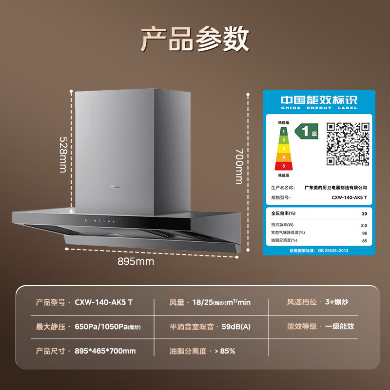 美的(Midea)[25年新品蒸汽洗AK5 T]欧式顶吸抽油烟机 25风量大吸力超薄变频增压自清洁1050Pa静压强排吸高清大图