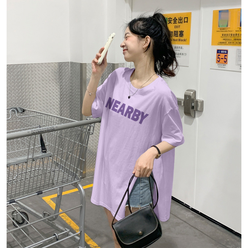 短袖T恤女2023夏季新款圆领上衣简约字母侧边开叉设计别致潮_126737 统一颜色 M
