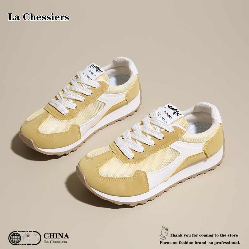 La Chessiers阿甘鞋女2025新款春秋冬季网面透气经典厚底鞋运动休闲鞋学生百搭板鞋ins潮 黄色 37码
