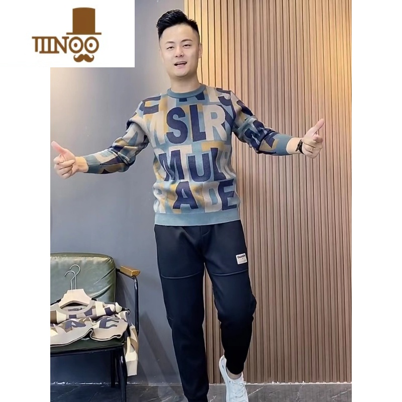 YANXU2023冬季新款时尚线衣高质针织衫欧款男士个性字母印花修身毛衣潮高清大图