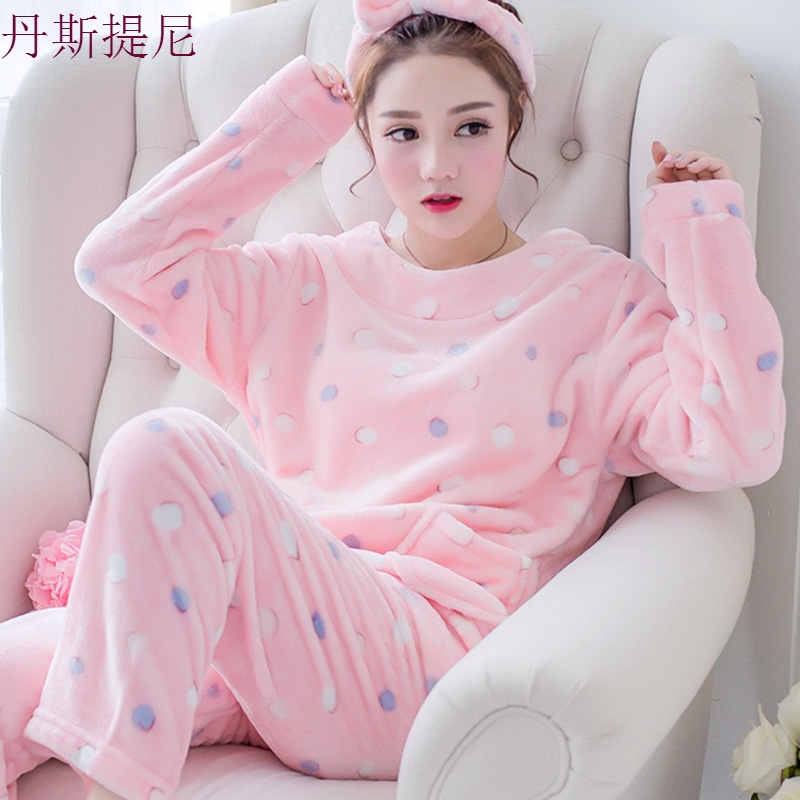 珊瑚绒睡衣女冬季春秋加厚加绒法兰绒套头套装韩版可爱家居服大码