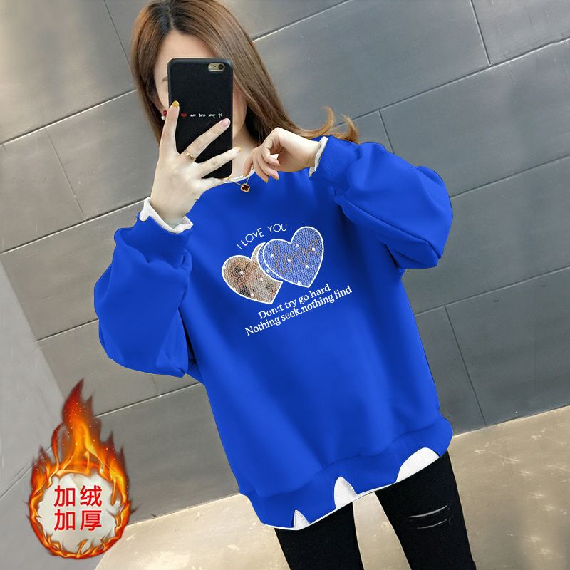 假两件秋冬款上衣时尚不规则宽松显瘦ins加绒/不加绒百搭女士卫衣 M建议100斤内 加绒加厚-透明爱心【克莱因蓝】