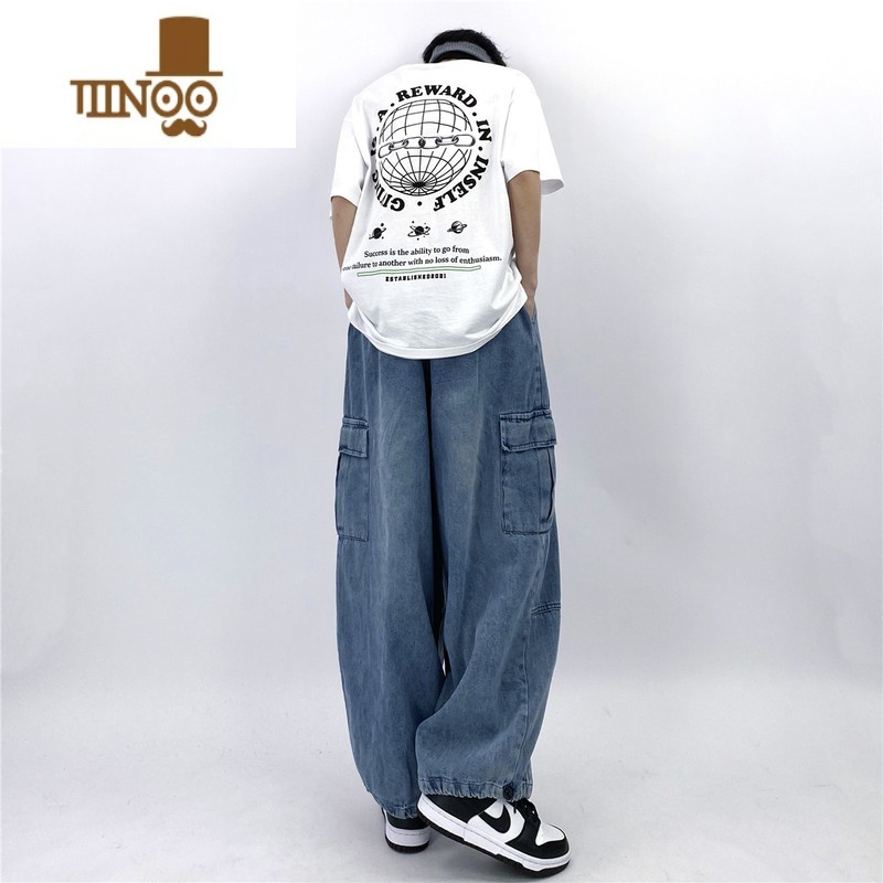 YANXU妈个鸡妈 ins嘻哈国潮日系大码束脚工装裤水洗宽松牛仔裤男女长女高清大图