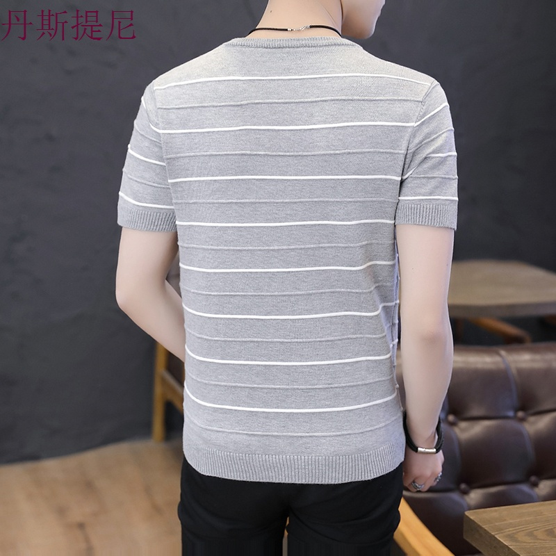 条纹针织小衫男士圆领修身潮流短袖T恤个性夏季2018新款衣服潮牌