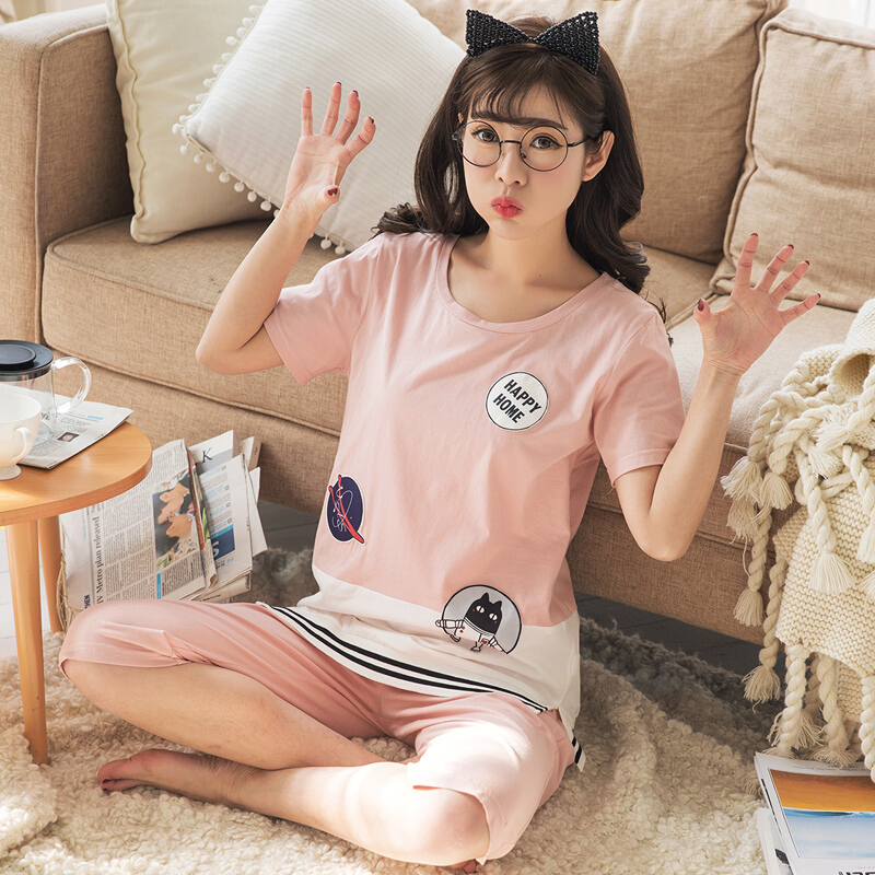 夏季女士家居服睡衣女夏纯棉短袖全棉宽松大码居家七分裤两件套装301女款160(M)参考体重:85-100斤