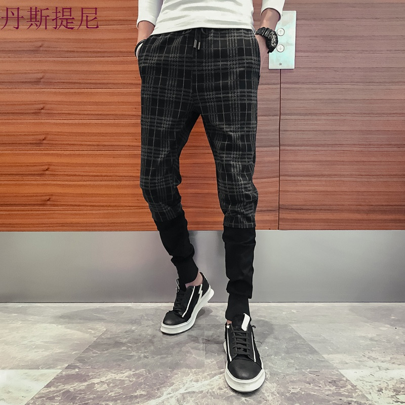 2018秋季男士休闲裤韩版修身潮流撞色格子哈伦裤型师男裤子小脚