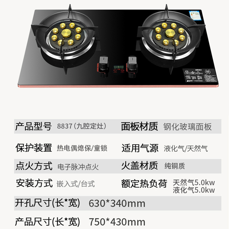 爱德(aide)燃气灶双灶5.0kw定时猛火灶双眼灶煤气灶大火力灶具家用厨房台面嵌入式液化气灶8837