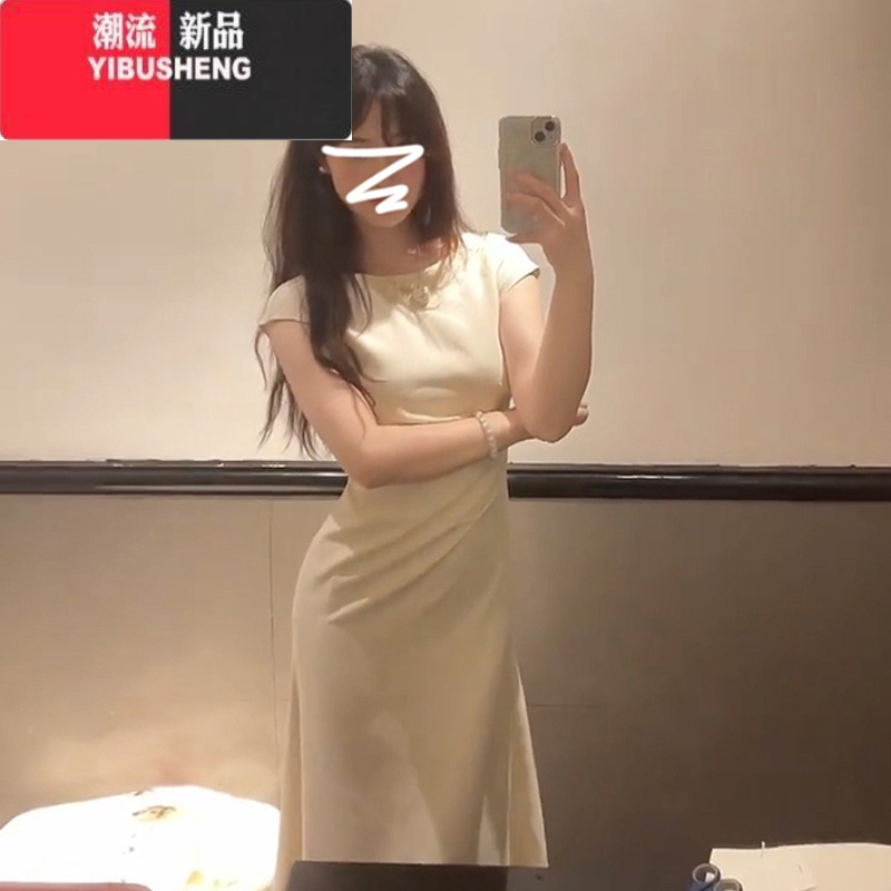 YIBUSHENG法式气质白色短袖连衣裙子女季2024新款设计感收腰鱼尾包臀长裙