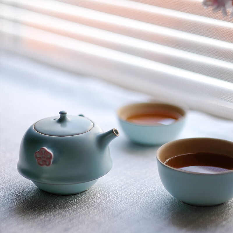 万仟堂(Edenus)旅行茶具套装 户外便携功夫茶具 一壶2杯 粉青釉 合欢杯