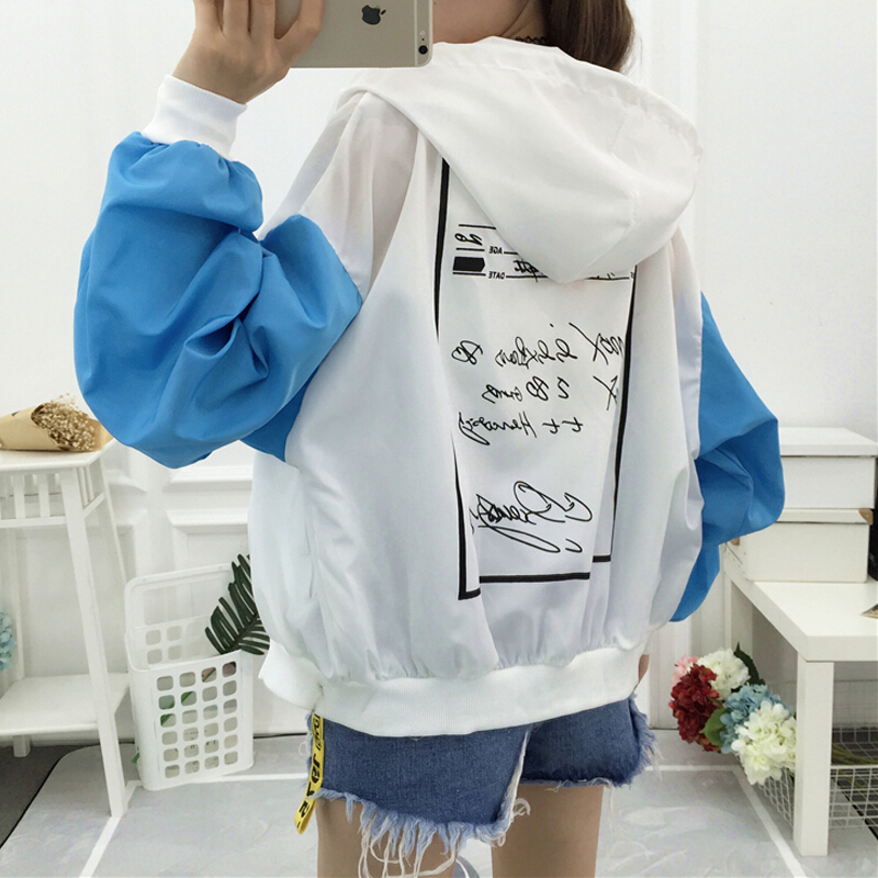 防晒衣女2018夏季新款连帽棒球服短外套学生宽松bf印花拼色防晒衫