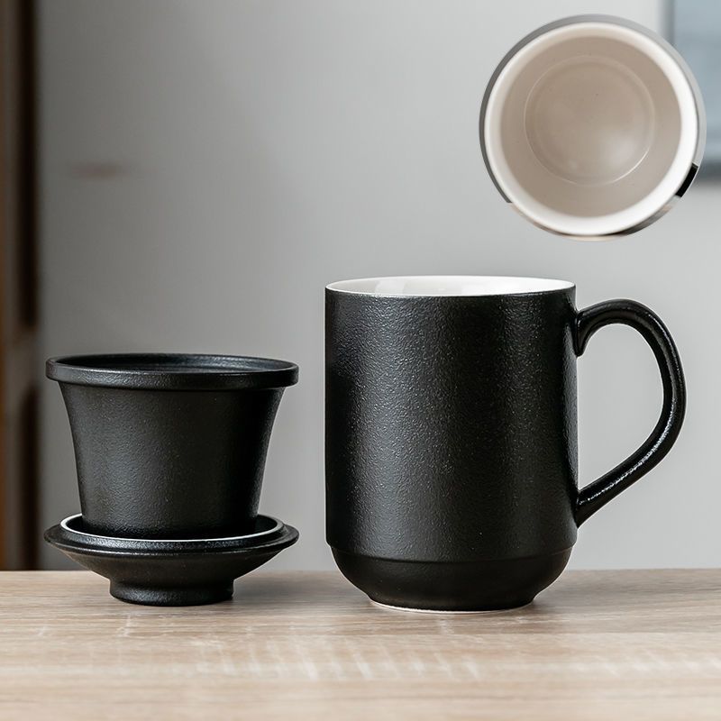 黑陶马克杯大容量茶水分离创意办公家用杯过滤陶瓷带盖精品泡茶杯 黑陶马克杯内白