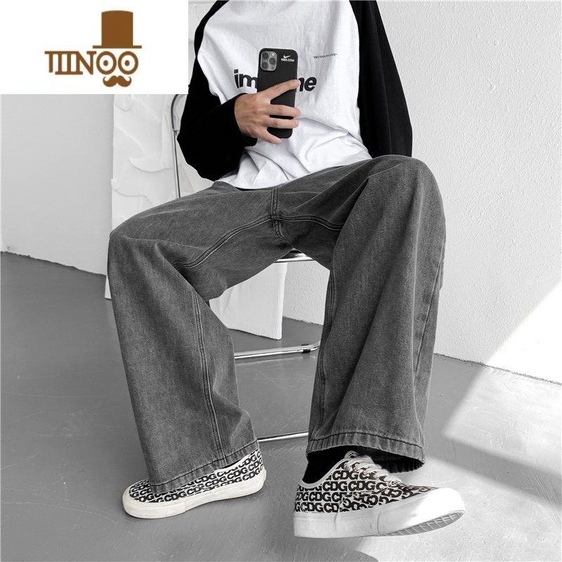 YANXU烟灰色牛仔裤男士直筒宽松坠感阔腿裤ins潮牌美式高街拖裤腿男式高清大图