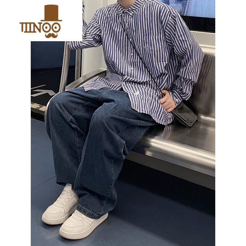 YANXU竖条纹衬衫男长袖美式复古内搭衬衣日系cityboy男友风外o高清大图