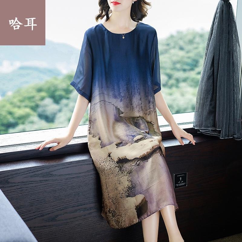 女长款连衣群香云纱连衣裙夏2019新款大码女装中年高贵妈妈装中长裙原创连衣裙 2019年秋季中老年妇女连衣裙