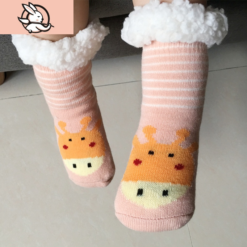 huayangtu儿童加绒地板袜男宝宝冬季加厚保暖睡眠袜女毛线中筒居家