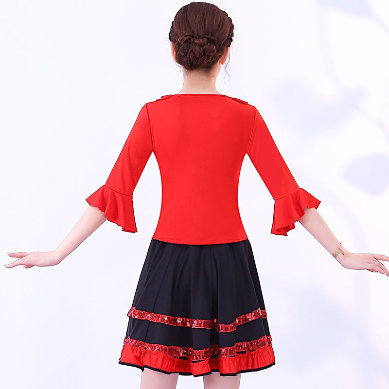 广场舞服装套装新款女夏季开场舞大摆裙中老年跳舞上衣红色演出服