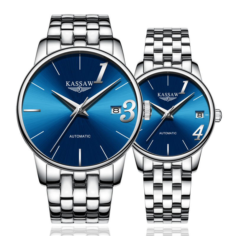 卡梭(KASSAW)手表自动机械表情侣表防水时尚商务男表女表情侣手表一对1314 银色蓝面钢带一对