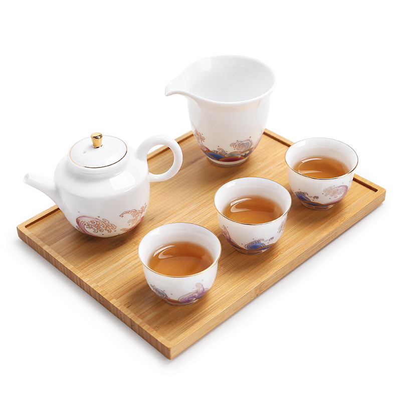 常生源 茶具套装 功夫茶具茶壶茶盘整套羊脂玉白瓷珐琅彩带竹木茶盘 茶忆潮海茶具套组