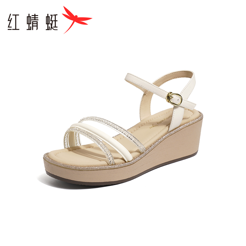 红蜻蜓凉鞋女2024新款夏季外穿坡跟一字带时尚鱼嘴女凉拖鞋休闲 米白色 37码
