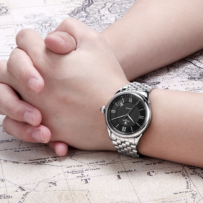 钻石牌（DIAMOND）手表男士自动机械大表盘日历精钢2101-2男士手表黑面白钢带高清大图