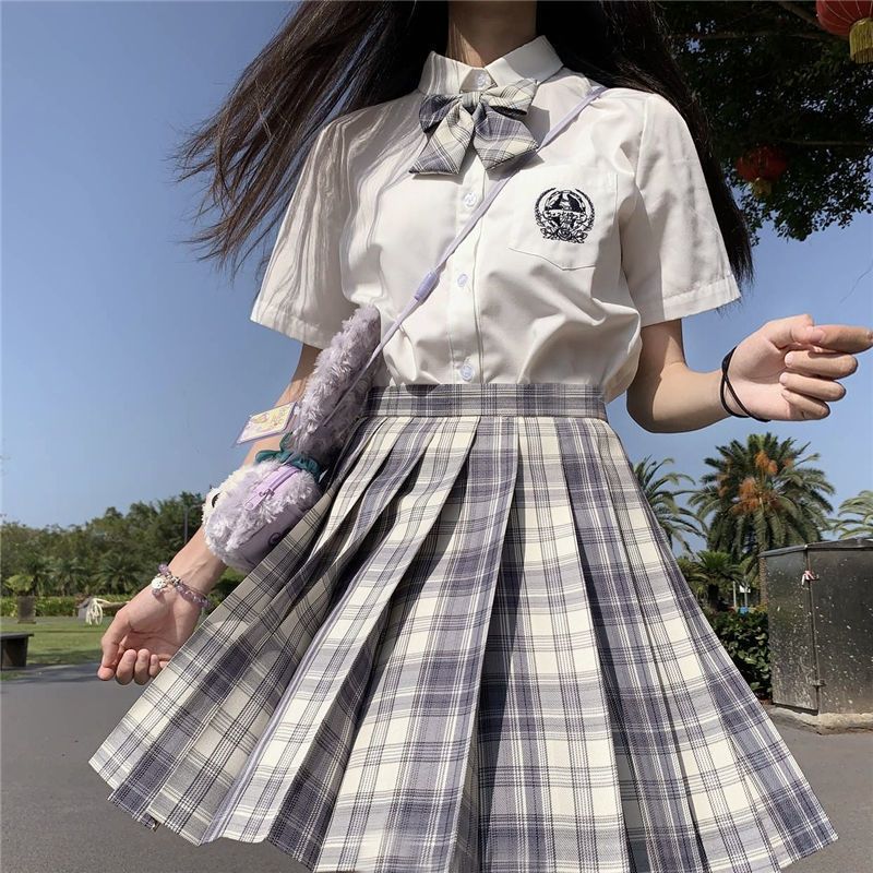 日系合集jk制服百褶裙女格裙沙华星野裙子套装学生制服12岁学院风 短袖刺绣皓海单件(不含领结) XS