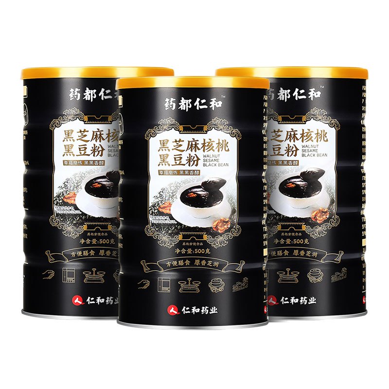 药都仁和 黑芝麻核桃黑豆粉糊熟即食营养代餐粉五谷杂粮粉营养早餐食品 三罐/1500g 三罐装